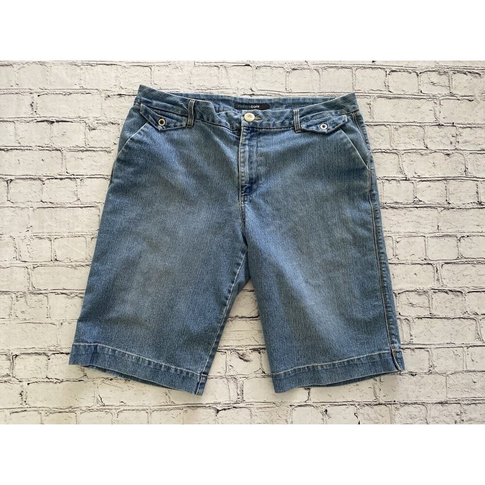 Vintage French Cuff Jean Shorts Size12 Girlfriend Mid Rise Bermuda Blue Denim